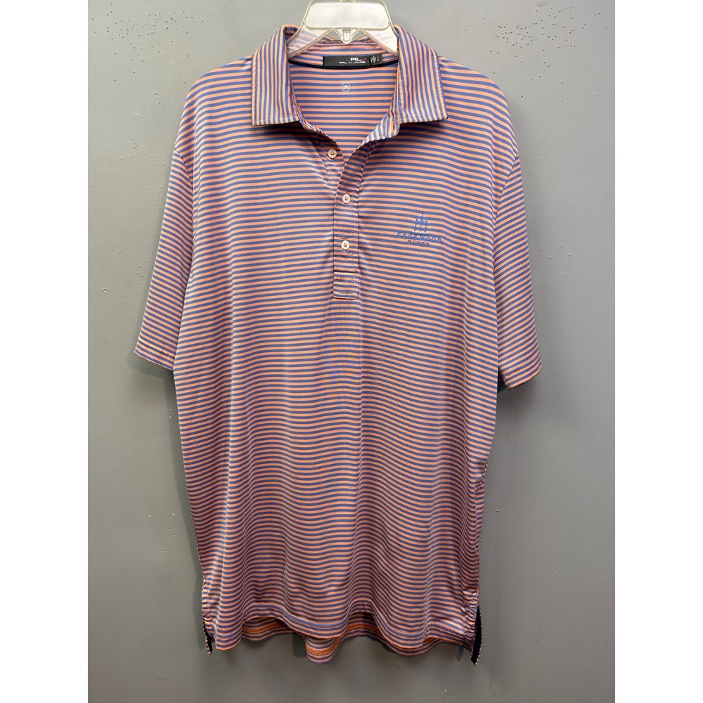 RLX Ralph Lauren Polo Mens Large Orange Blue Stripe Edgewood Tahoe Golf Shirt